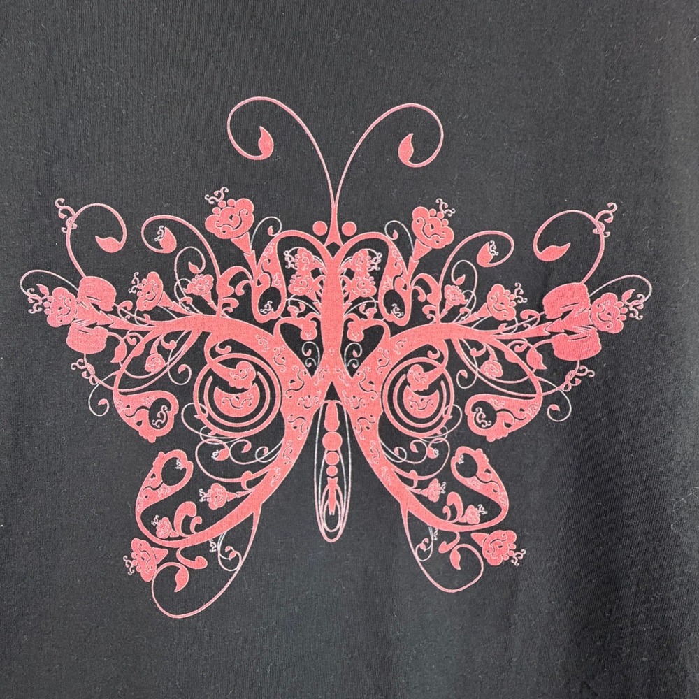 Makerone Pink Butterfly Graphic T-Shirt Black 100% Cotton Size 2XL Short Slv